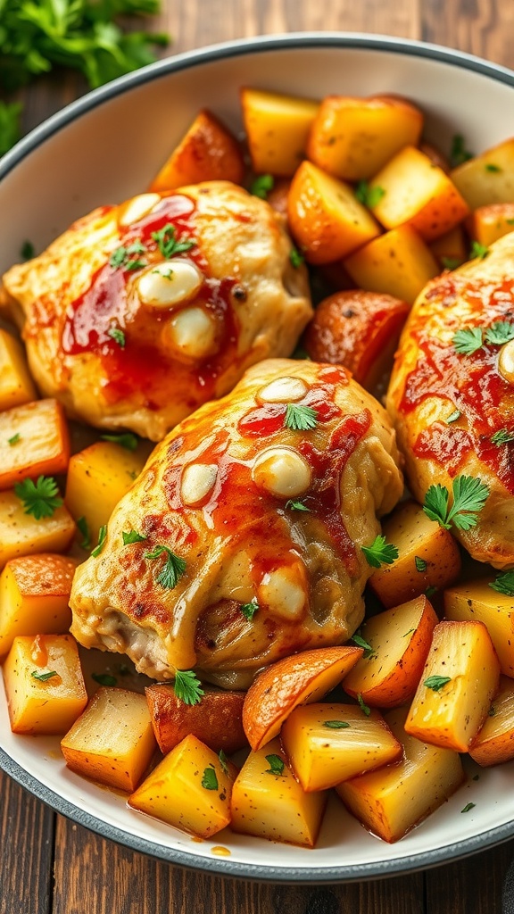 Garlic Parmesan Chicken and Potatoes One-Pan Dinner One-pan garlic parmesan chicken and potatoes, garnished with parsley, on a wooden table.
